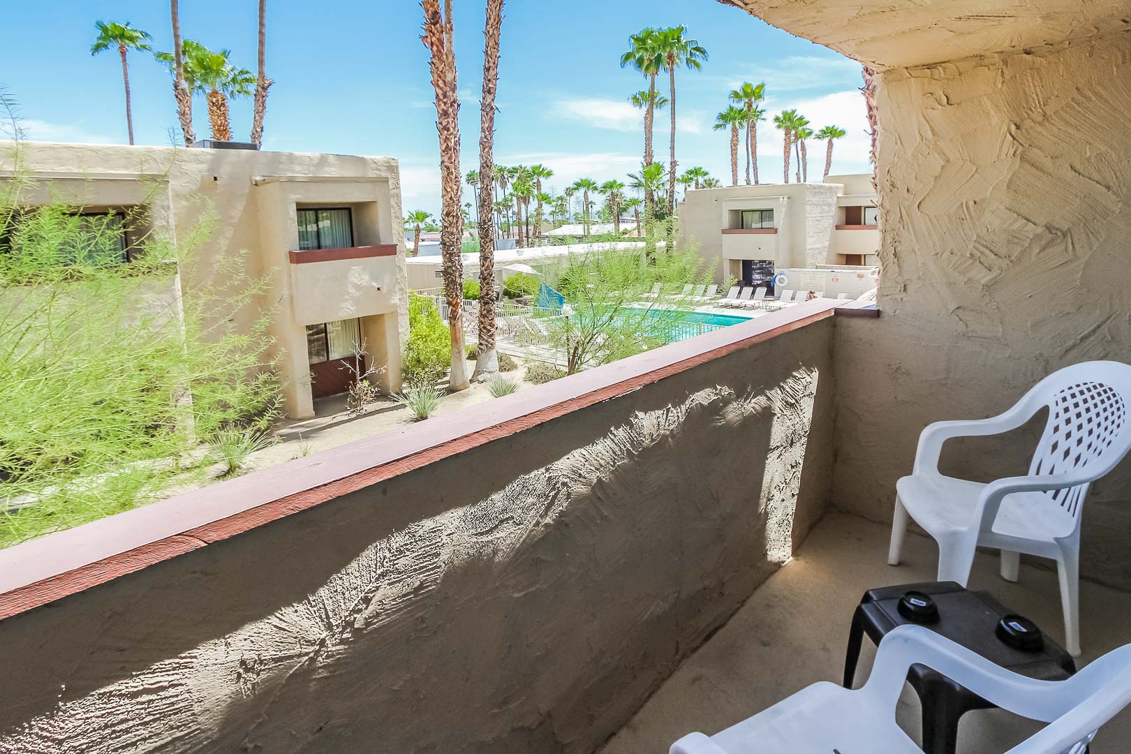 A peaceful balcony view at VRI's Desert Vacation Villas in Palm Springs California.